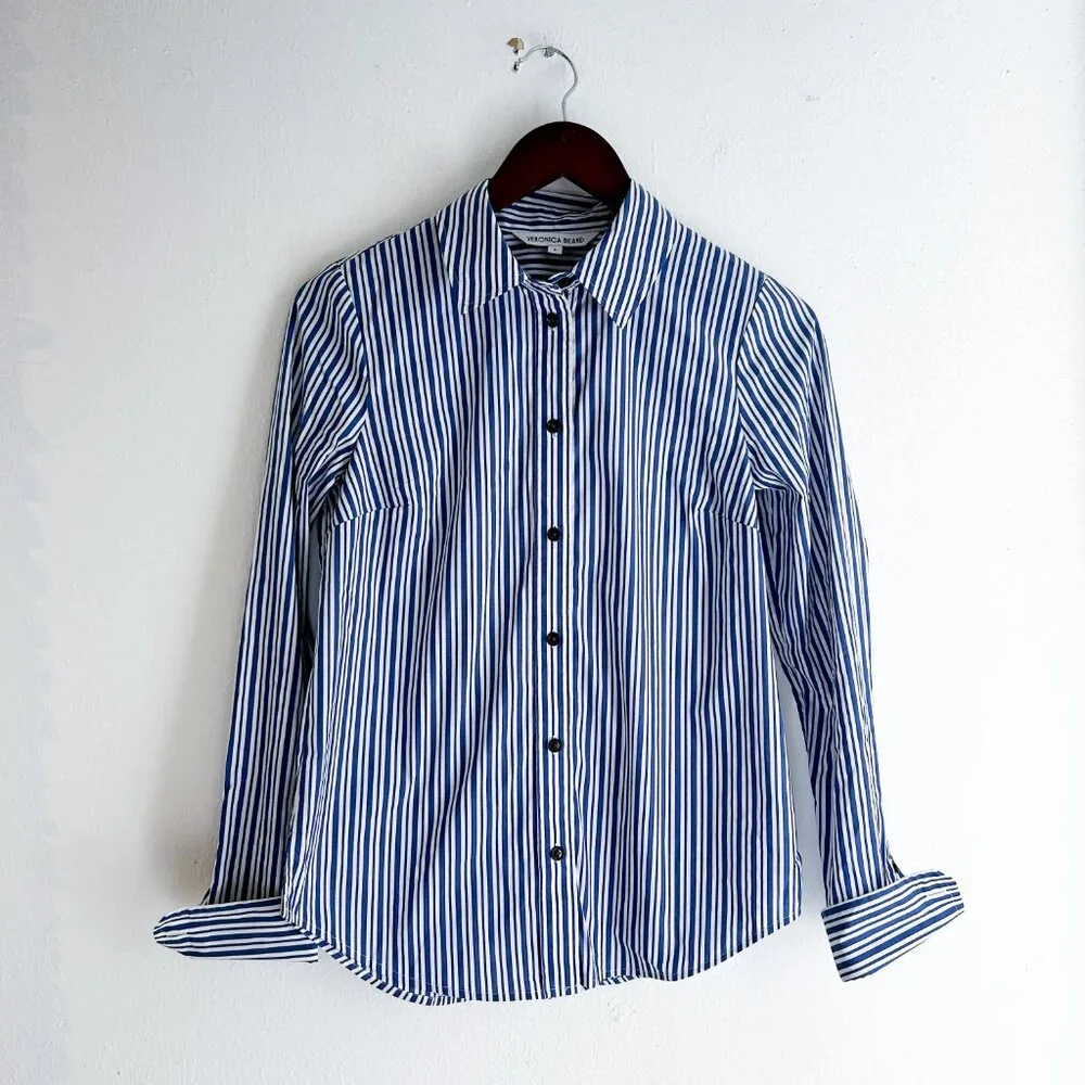 Veronica Beard Libby Striped Poplin Button Down Shirt in Classic Blue - Picture 9 of 10
